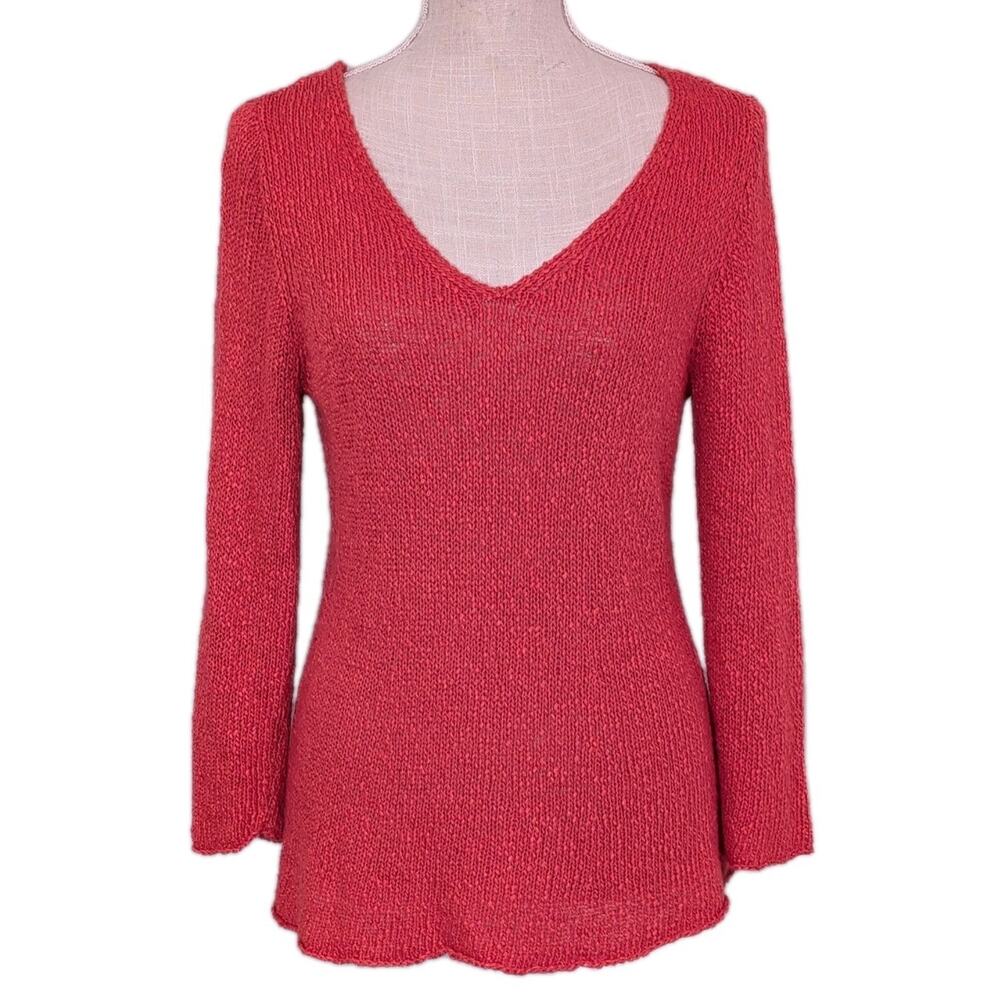 Eileen Fisher Sweater Women Sz M Coral Linen Roll Neck Open Knit Long Sleeve